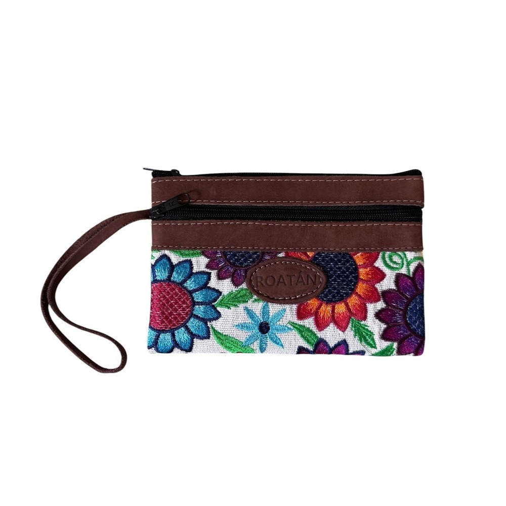 Roatan Floral Embroidered Wristlet Pouch Brown Canvas Zipper Coin Purse Wallet